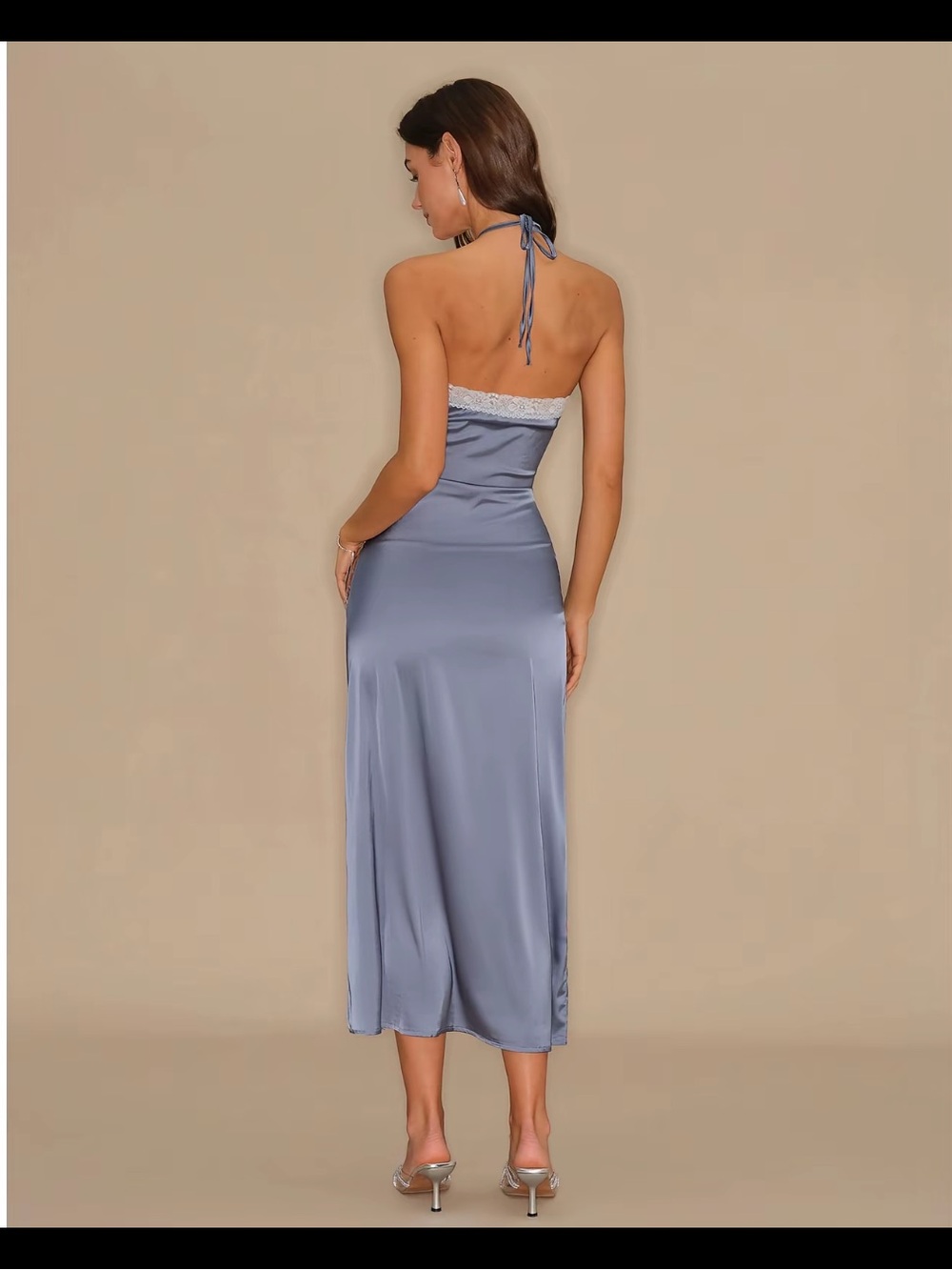 Commense Lace-Trim Satin Halter Midi Dress in Light Blue - Picture 5 of 6